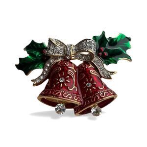 Vtg Elegant Christmas Bells Bows and Holly Crystal Rhinestone Enamel Brooch Pin